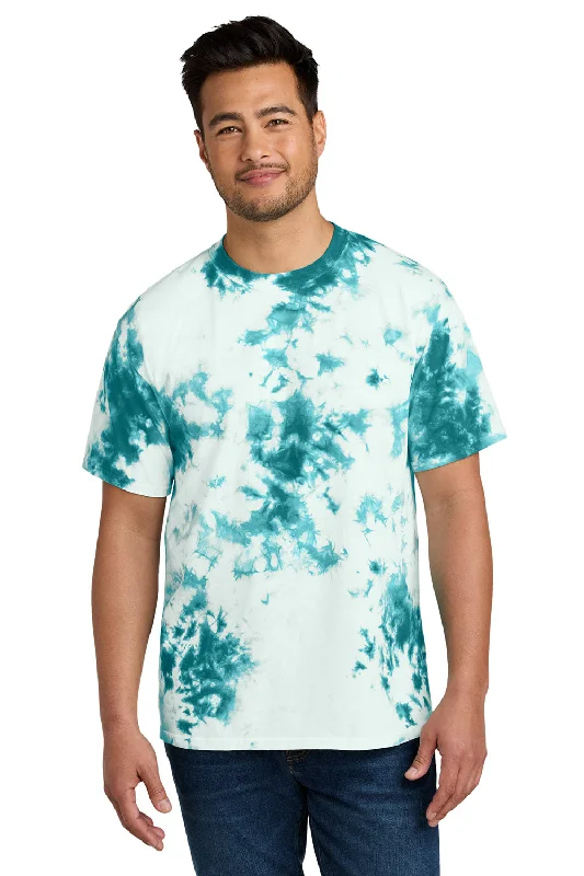 Streetwear Fashion Port & Company Mens Crystal Tie-Dye Short Sleeve Crewneck T-Shirt - Teal Blue
