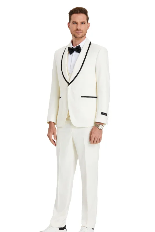 Classic Hoodies Tranquility Collection: Men's Birdseye 3-Piece Suit In Off White - Slim Fit