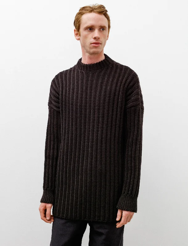 Chinos Style Crew Neck Open Rib Sweater Brown
