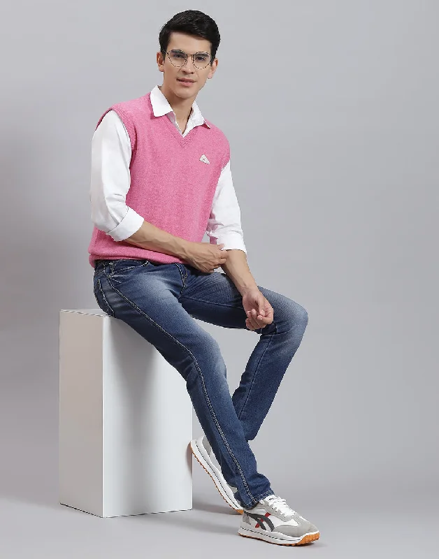 Street Jackets Men Pink Solid V Neck Sleeveless Sweater