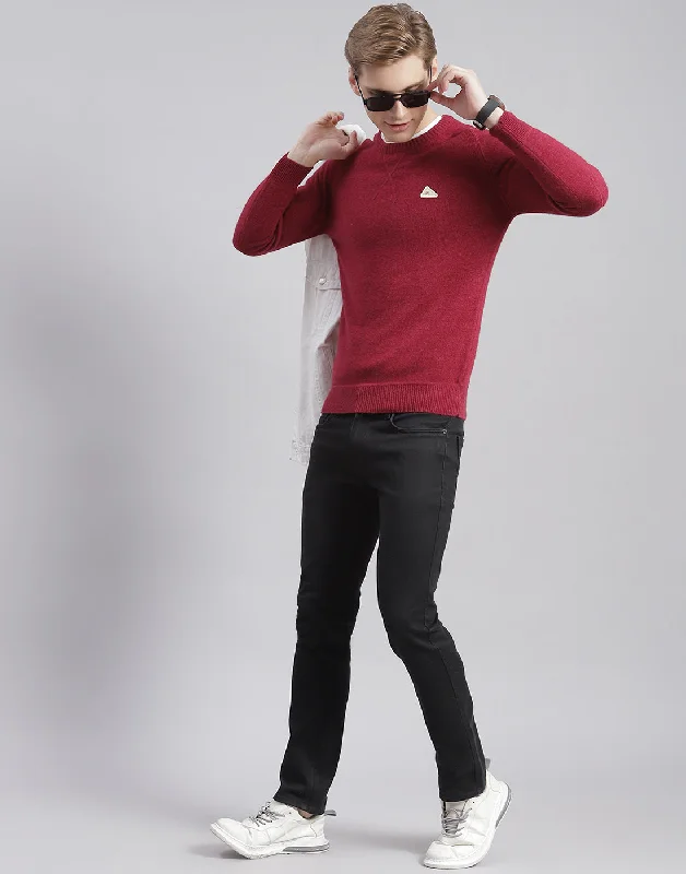 Street Boots Men Maroon Solid Round Neck Full Sleeve Pullover