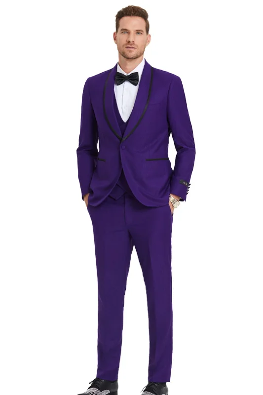 Sporty Jackets Tranquility Collection: Men's Birdseye 3-Piece Suit In Purple - Slim Fit