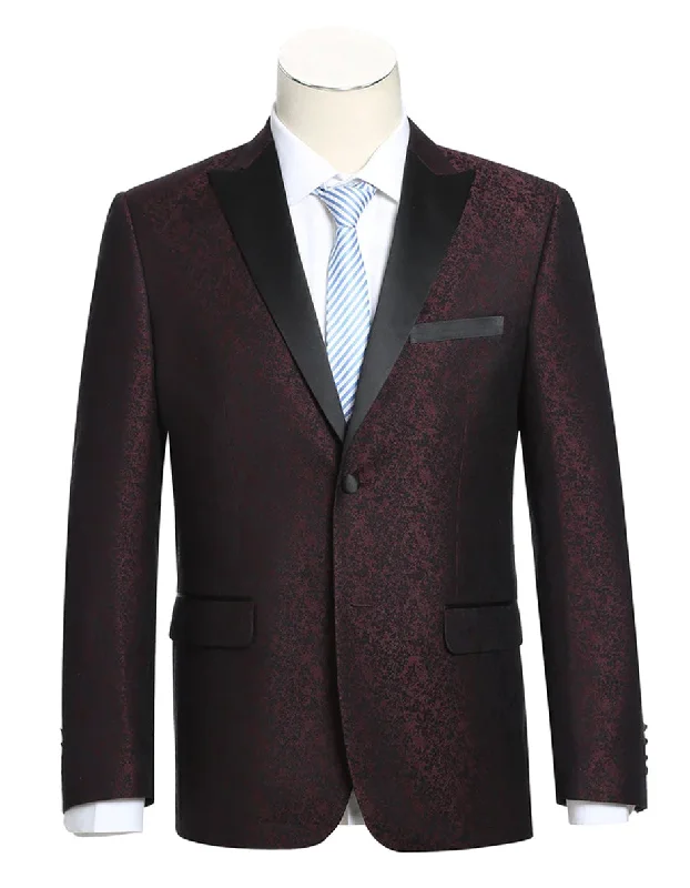 Mens 1 Button Satin Peak Lapel Paisley Prom Ultra Slim Fitted Blazer in Burgundy