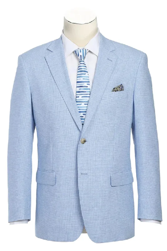 Mens Blazer - Cheap Priced Mens Sport Coat - Mens Classic Two Button Linen & Cotton Summer Sport Coat Blazer In Sky Blue Houndstooth