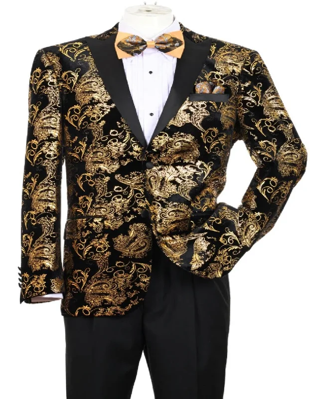 Mens Blazer - Cheap Priced Mens Sport Coat - Men's Modern Fit Velvet Floral Paisley Foil Tuxedo Jacket In Gold & Black