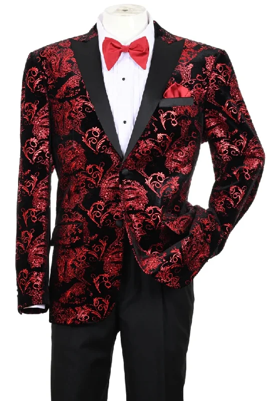 Mens Blazer - Cheap Priced Mens Sport Coat - Men's Modern Fit Velvet Floral Paisley Foil Tuxedo Jacket In Red & Black