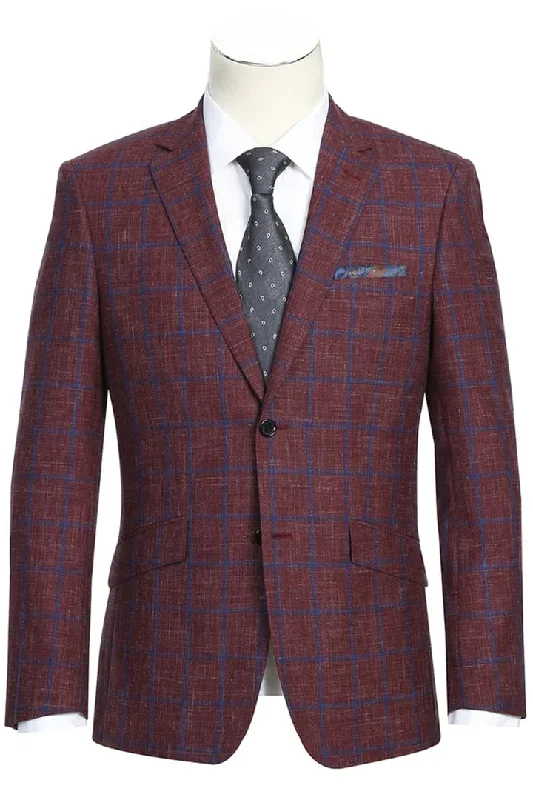 Mens Blazer - Cheap Priced Mens Sport Coat - Mens Slim Fit Two Button Wool Sport Coat Blazer In Burgundy & Blue Windowpane Plaid