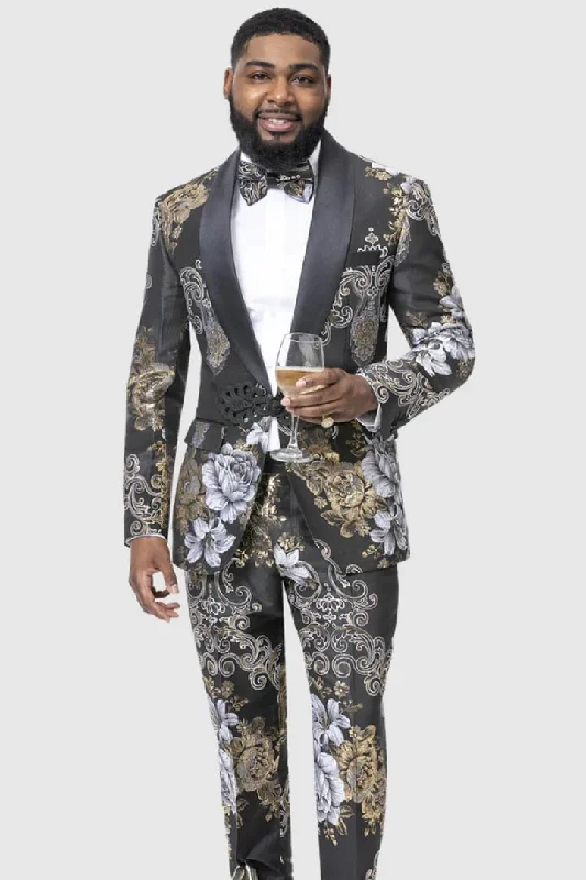 Mens Blazer - Cheap Priced Mens Sport Coat - Mens Slim Fit Two Piece Black & Gold Paisley Prom Smoking Jacket Tuxedo With Black Trim