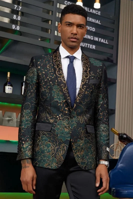 Mens Blazer - Cheap Priced Mens Sport Coat - Men's Stacy Adam's Designer Prom & Wedding Tuxedo Jacket In Green & Gold Floral Paisley