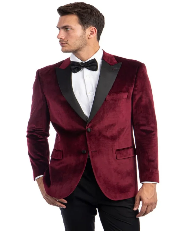 Mens Blazer - Cheap Priced Mens Sport Coat - Men's Two Button Peak Lapel Velvet Wedding & Prom Tuxedo Jacket In Burgundy