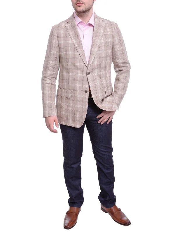 Mens Classic Fit Tan With White & Brown Plaid Two Button Linen Blazer Sportcoat