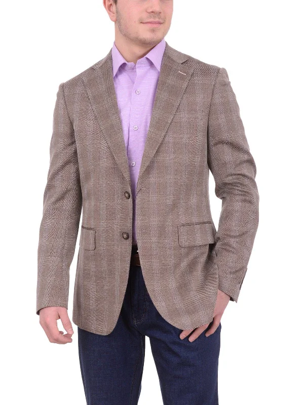 Mens Napoli Slim Fit Brown Plaid Half Canvassed Wool Silk Blend Blazer Sportcoat