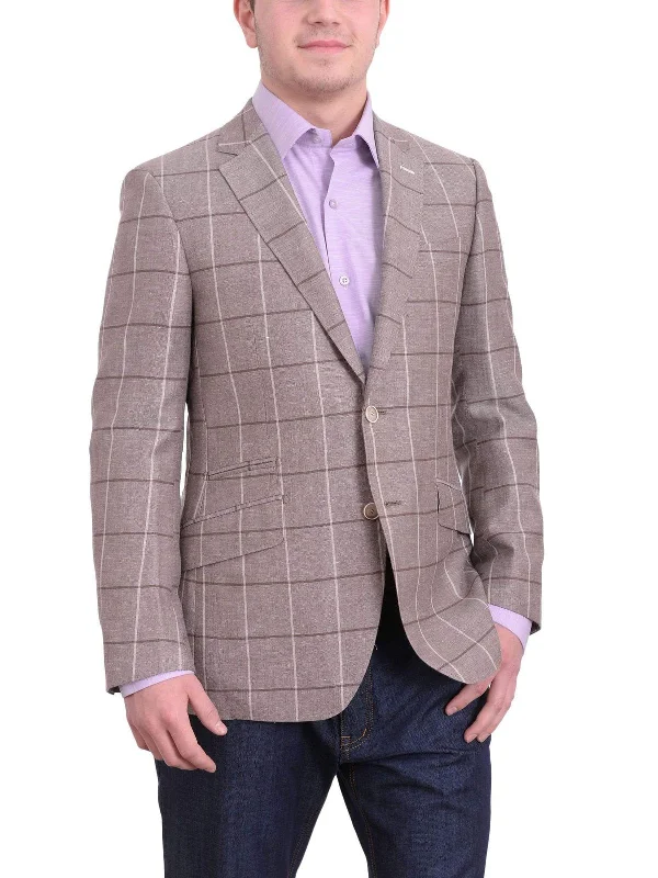 Mens Napoli Taupe Windowpane Half Lined Wool Linen Blend Blazer Sportcoat