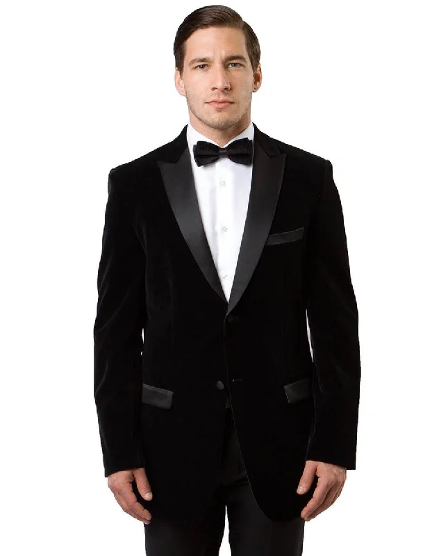 Mens Peak Lapel Velvet Tuxedo Jacket in Black