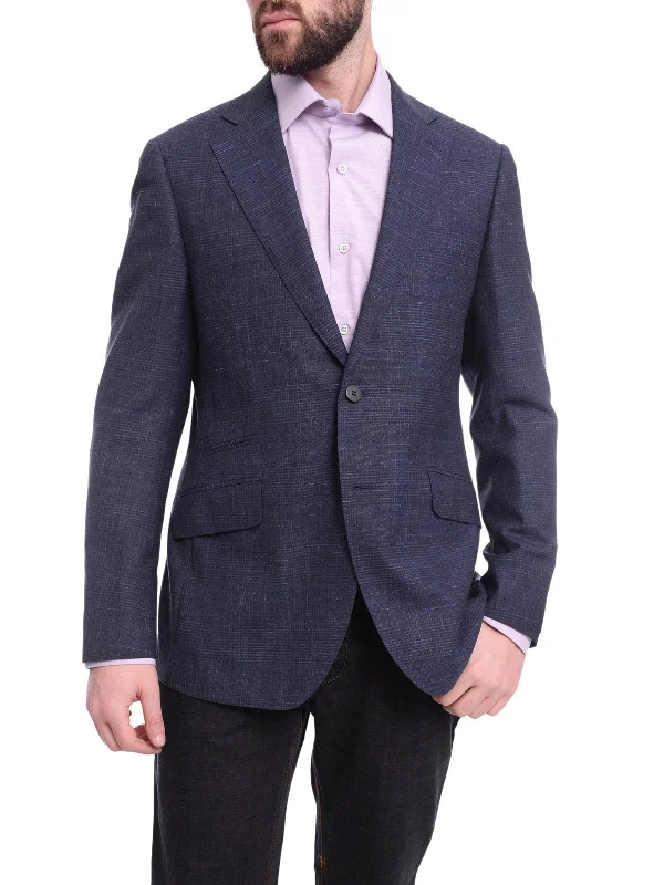 Napoli Slim Fit Blue Check Half Canvassed Loro Piana Wool Linen Blazer Sportcoat