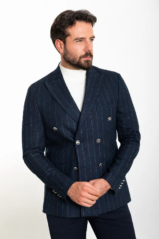 Bojoni Torretta Slim Fit Navy Double Breasted Striped Blazer