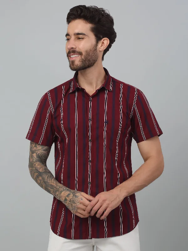 Men's Red Casual Broad Stripe Half sleeve Shirt