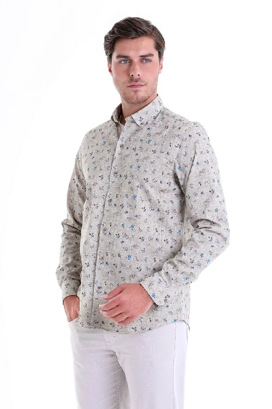 Comfort Fit Floral Printed Cotton Khaki Casual Shirt