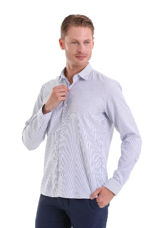 Comfort Fit Striped Cotton Blend Navy Casual Shirt