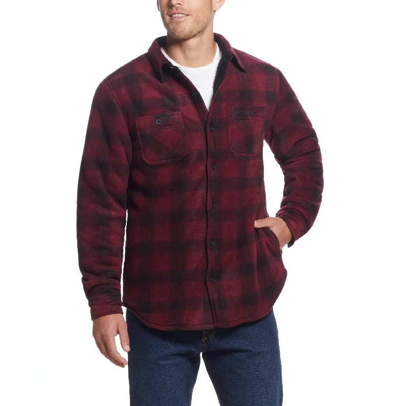 Sherpa Lined Shirt Jacket In Tawny Port Red