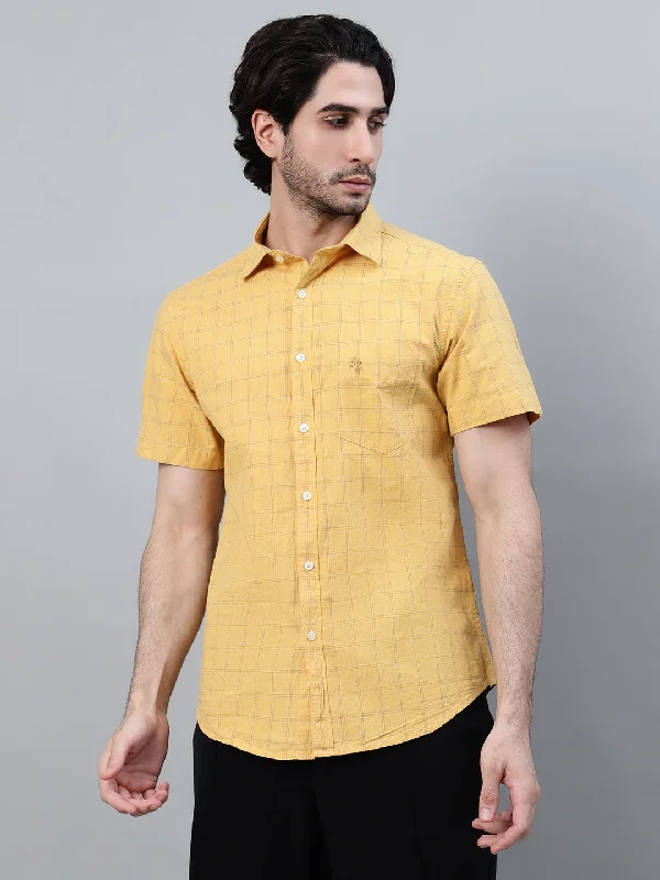 Men's Mustard Checkered Half Sleeve Casual Shirt