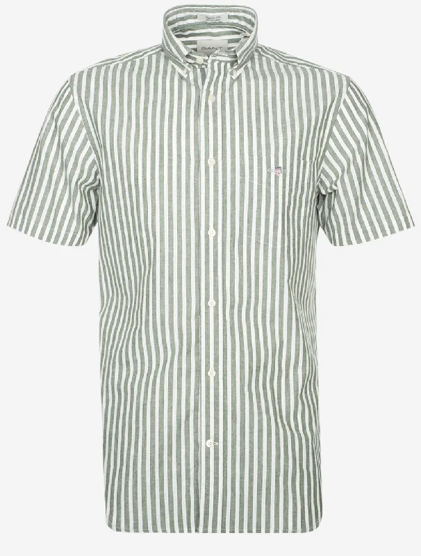 Regular Cotton Linen Stripe Short Sleeve Shirt Pine Green