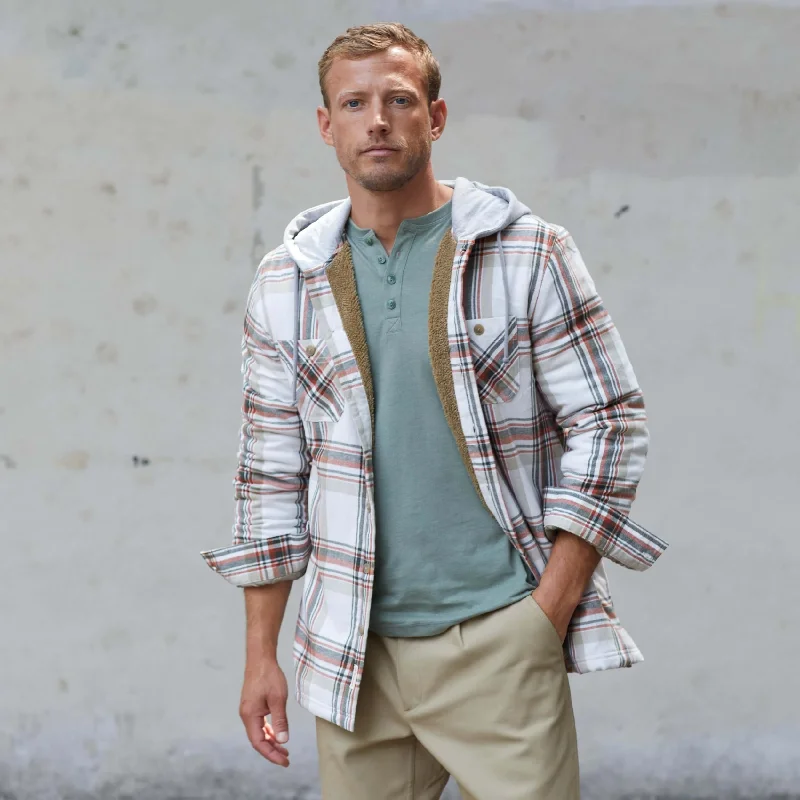 Sherpa Lined Hooded Flannel Shirt Jacket In Marshmallow