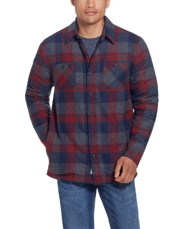 Sherpa Lined Flannel Shirt Jacket In Red Dahlia