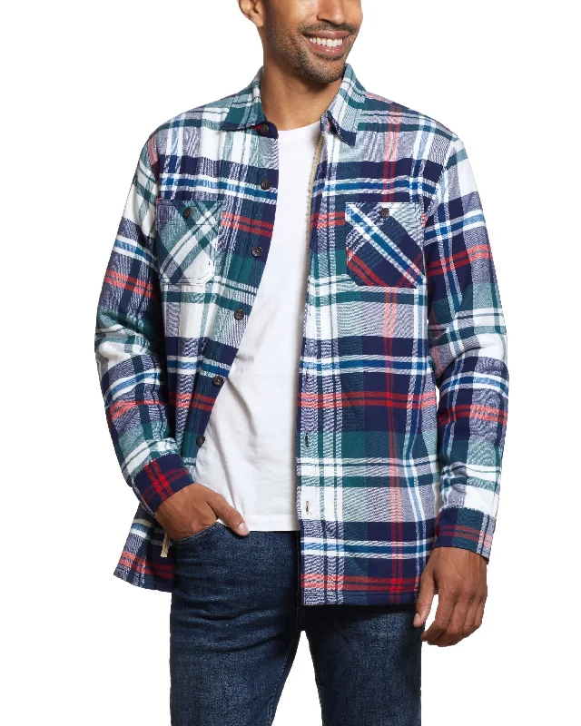 Sherpa Lined Flannel Shirt Jacket In Deep Cobalt