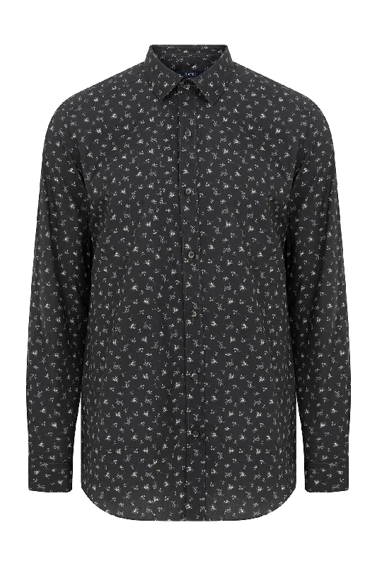 Slim Fit Floral Printed Cotton Black Casual Shirt