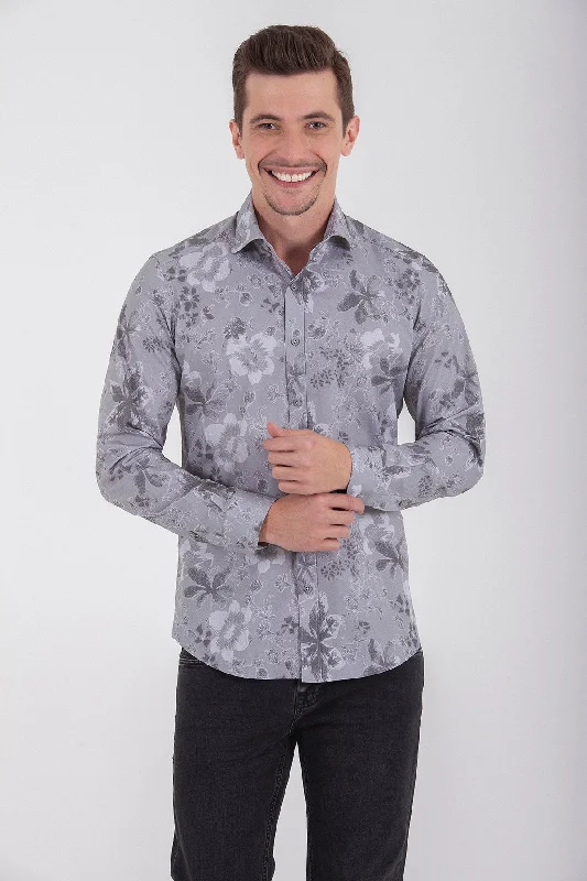 Slim Fit Long Sleeve Cotton Floral Gray Casual Shirt