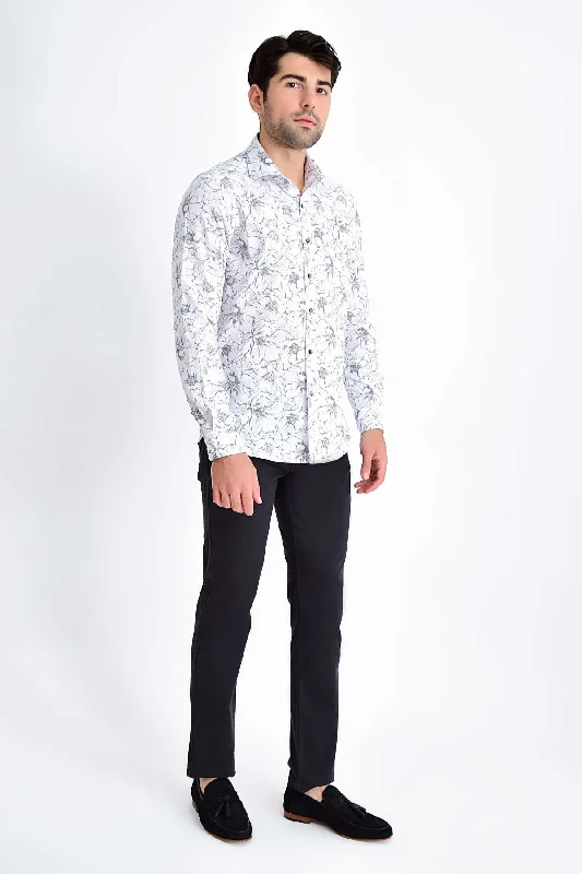 Slim Fit Long Sleeve Floral Printed Cotton Gray Casual Shirt