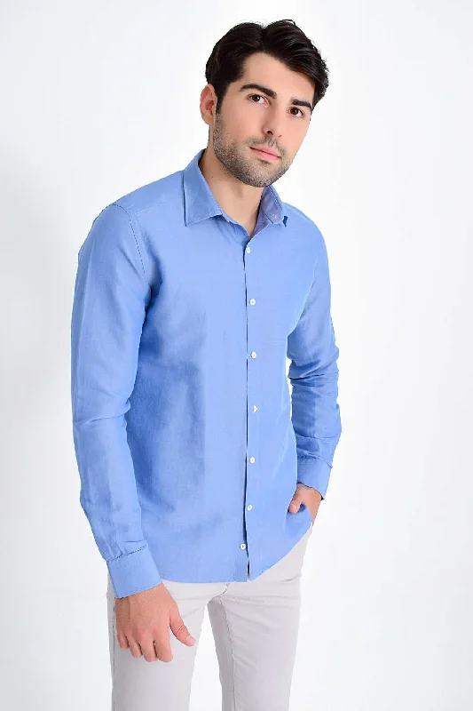 Slim Fit Long Sleeve Linen & Cotton Blue Casual Shirt