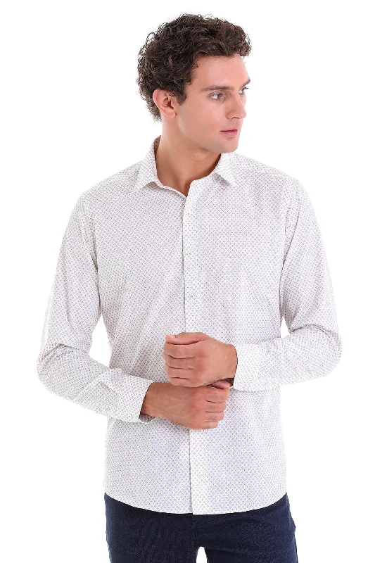 Slim Fit Long Sleeve Printed Cotton Beige Casual Shirt