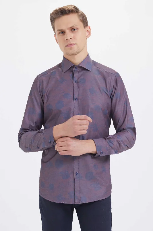 Slim Fit Long Sleeve Printed Cotton Blend Casual Shirt, Burgundy B