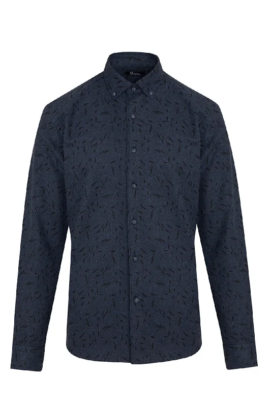 Slim Fit Long Sleeve Printed Cotton Blend Casual Shirt, Navy B.