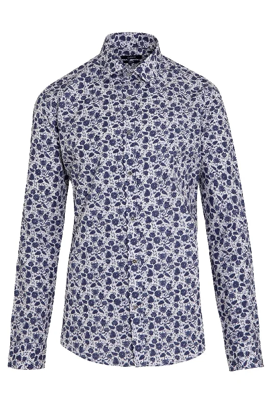 Slim Fit Navy Floral Printed 100% Cotton Casual Shirt