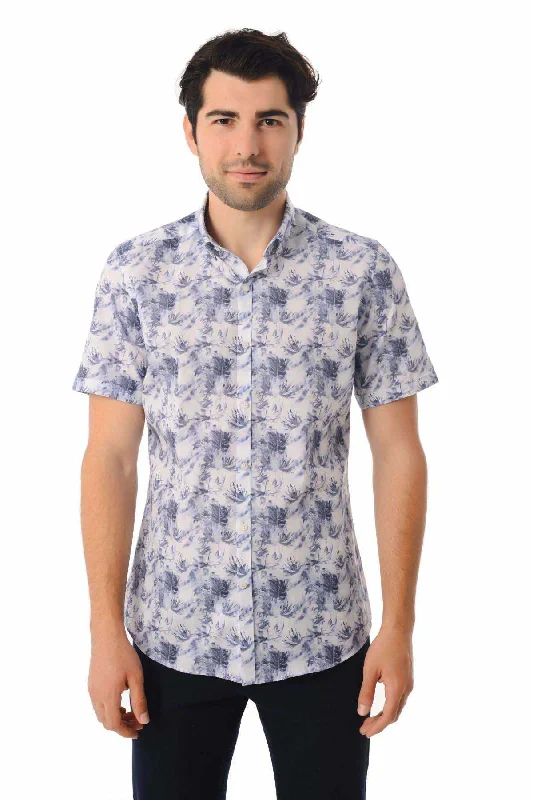 Slim Fit Navy Short Sleeve Printed Cotton Casual Shirt