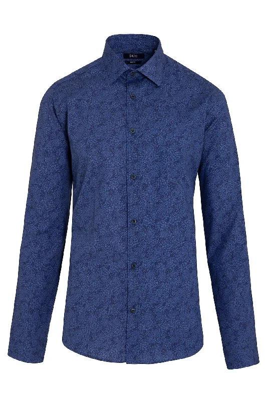 Slim Fit Printed Cotton Navy Casual Shirt