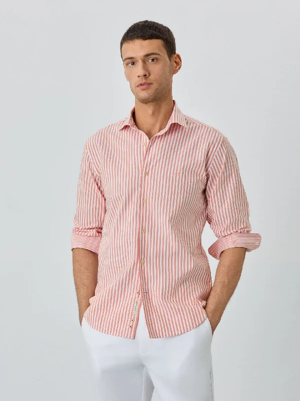 Slim Fit Shirt With Open Collar in BCI Cotton With Stripes