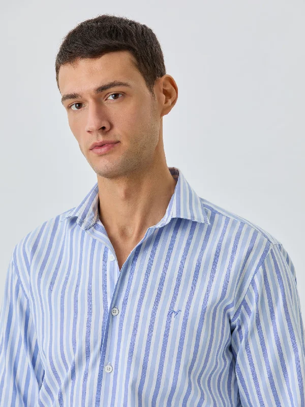 Slim Fit Shirt With Open Collar In BCI Cotton With Stripes