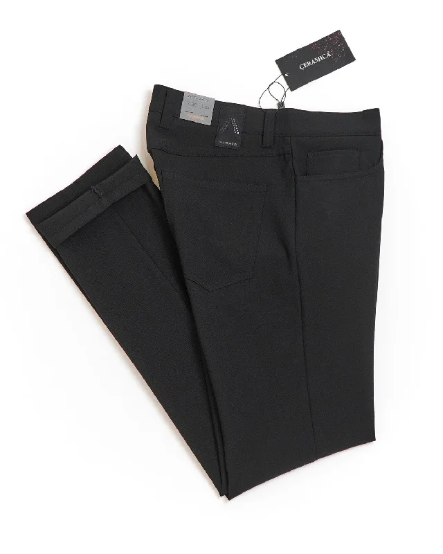 Black 'Pipe' Regular Slim Fit Ceramica 5 Pocket Tech Dress Pants