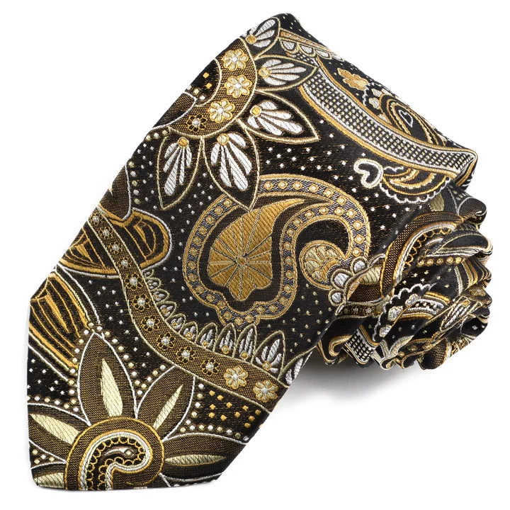 Black, Gold, White, and Maize Floral Paisley Woven Silk Jacquard Tie by Dion Neckwear