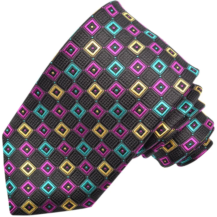 Black, Magenta, Gold, and Teal Square Medallion Woven Silk Jacquard Tie by Dion Neckwear