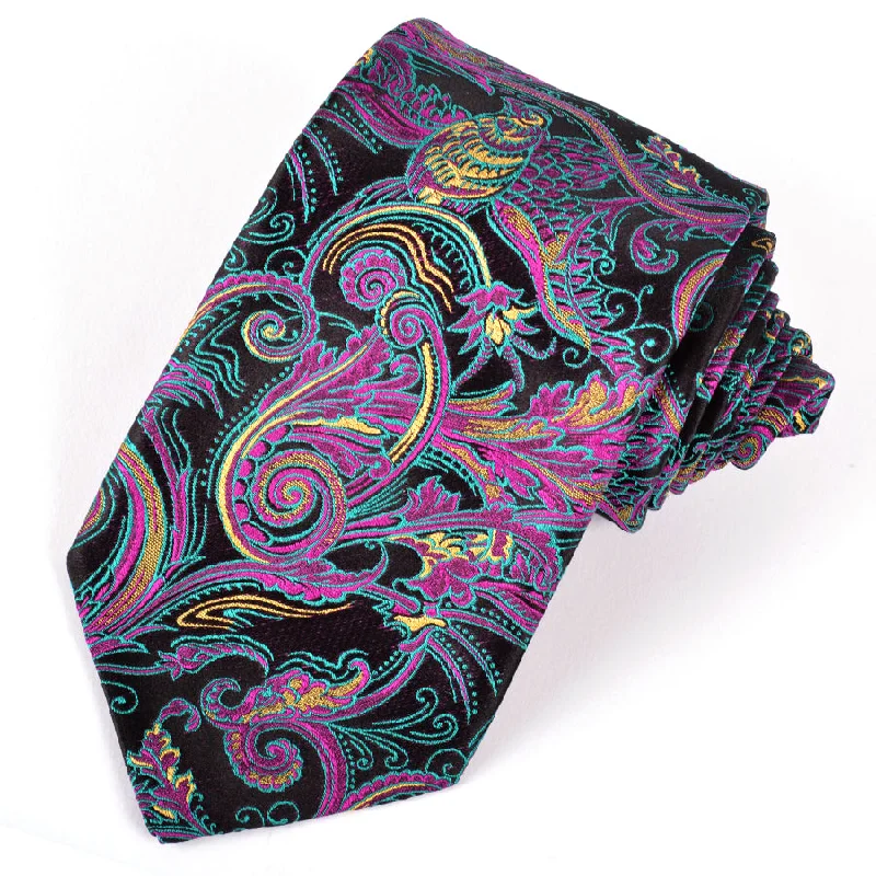 Black, Magenta, Teal, and Gold Large Paisley Woven Silk Jacquard Tie by Dion Neckwear