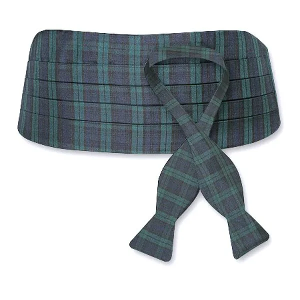 Black Watch Tartan Silk Jacquard Cummerbund and Bow Tie Set (Size X-Large) by Dion