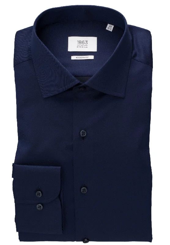 'Luxury Shirt' in Navy Blue - Modern Fit - Two Ply Cotton Twill Dress Shirt with Kent Collar by Eterna 1863