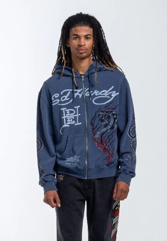 Mens Double Venom Graphic Zip Through Hoodie - Indigo