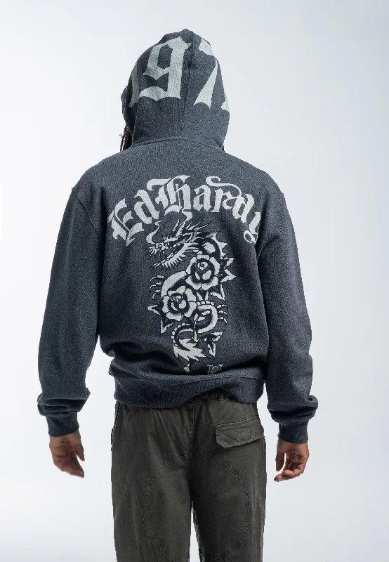 Mens Dragon Rose Zip Through Hoodie - Charcoal Marl