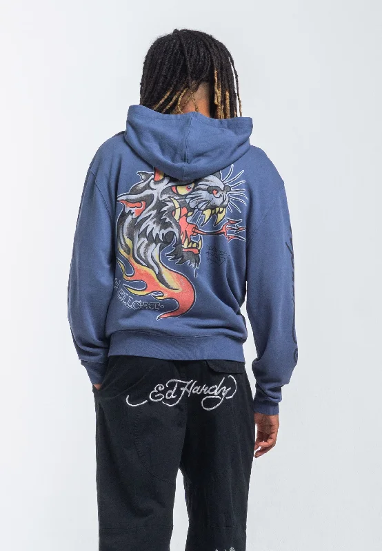 Mens Hell Catz Zip Through Hoodie - Indigo